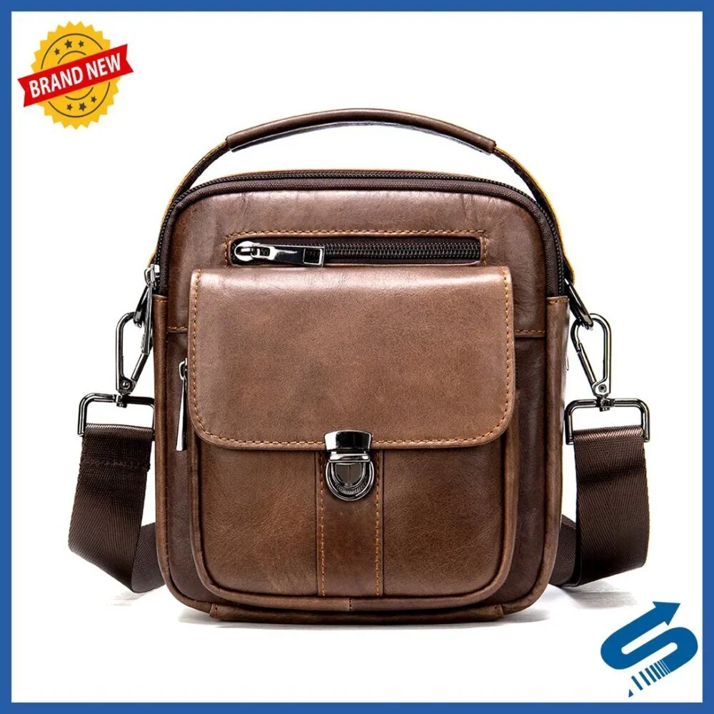 Mini Genuine Leather Messenger Bag with 5 Zipper Pockets for Men
